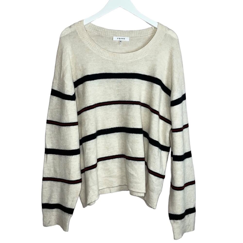 Frame NWOT Alpaca Wool Blend Beige Pull Over Sweater Top Striped Red Black Sz XL - Picture 3 of 9